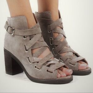 Jeffrey Campbell Salazar Bootie Block Heel Suede Lace Up Taupe 9.5